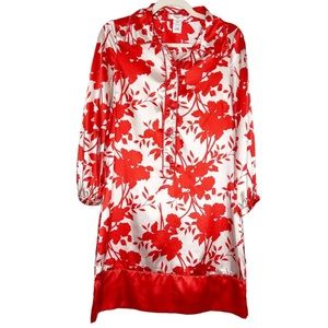 Vertigo Paris Red and White Satin‎ Long Sleeve Floral Print Dress large